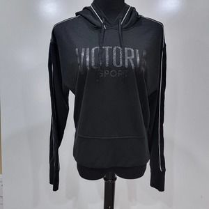 Victoria Sport Black Glittery Hoodie 2 White Ribbed Stripes Down Arm Size Medium